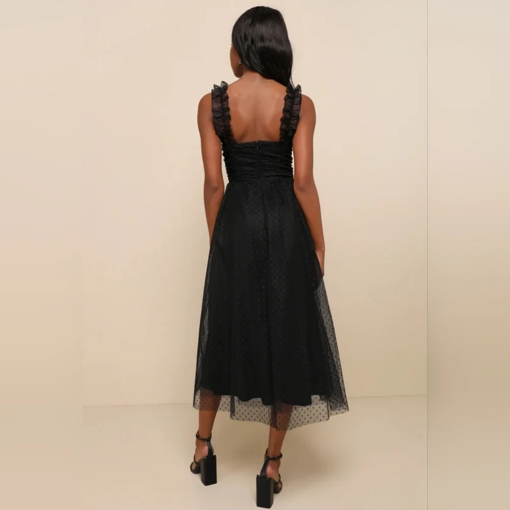 NWT! Lulus- Forever Celebrated Black Swiss Dot Ruched Tulle Midi Dress, Size XS - Picture 2 of 5